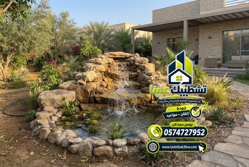 تصميم شلال حجري صغير لحديقة منزل بالمدينة المنورة