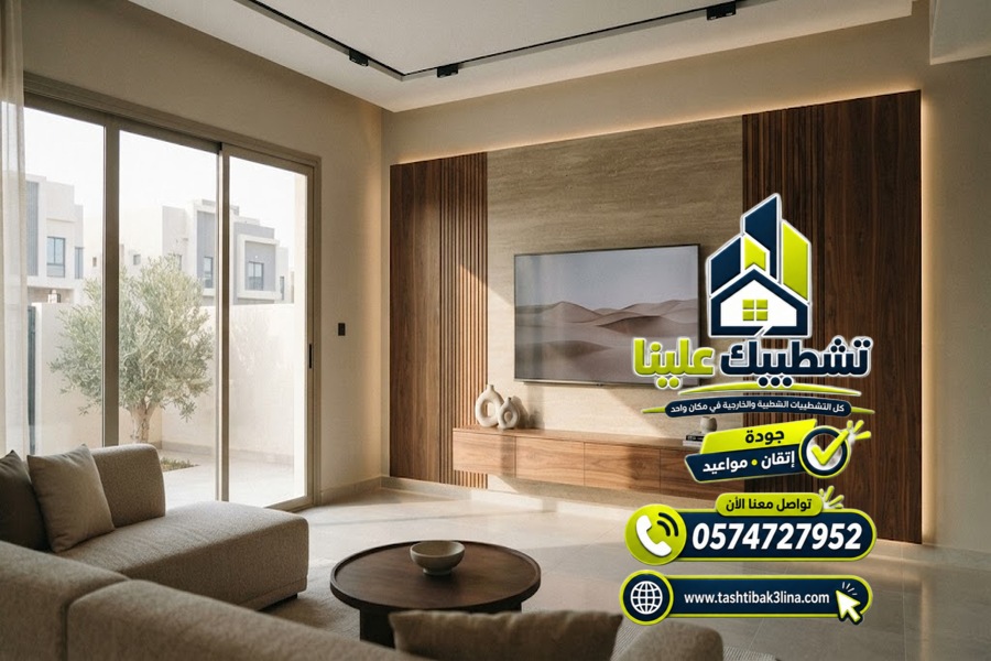 خلفيات تلفزيون وديكورات خشبية لغرف المعيشة بالمدينة المنورة